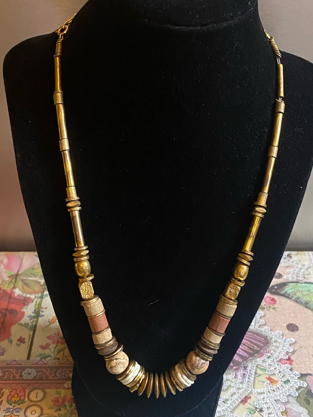 Vintage 14K Gold filled petrified Stone Brass Statement Necklace Southwestern
